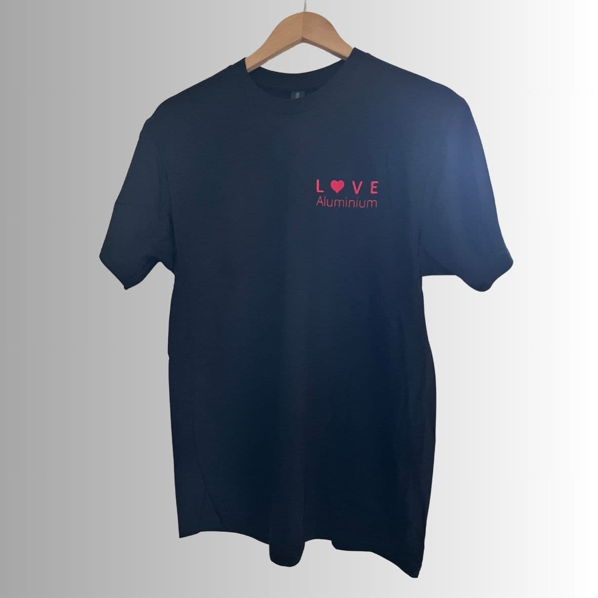 Navy t-shirt with the embroidered Love Aluminium logo