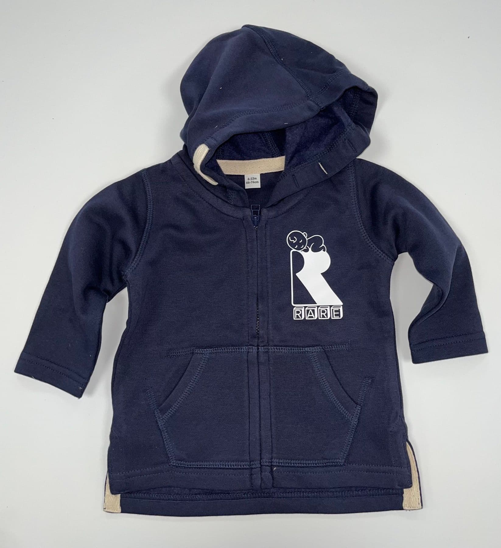 Navy baby hoodie with a printed logo